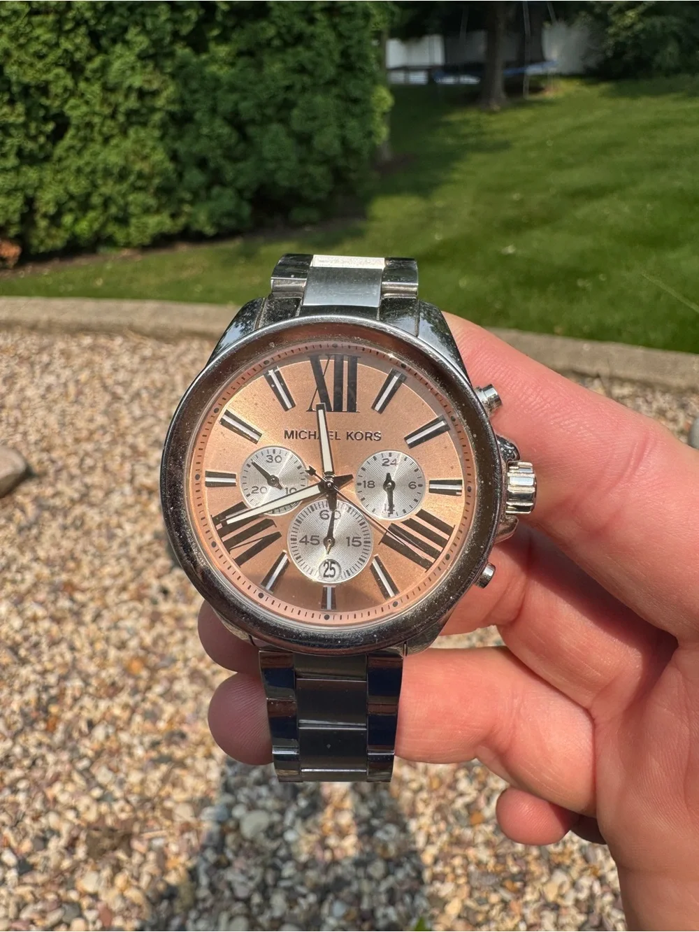 Michael Kors women’s  Silver Watch with Rose Gold Dial and Chronograph